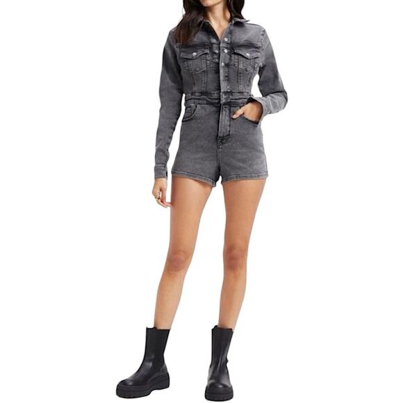 NWT Good American Black Denim Long Sleeve Romper Size 0 XS Retail $155 - Picture 1 of 9